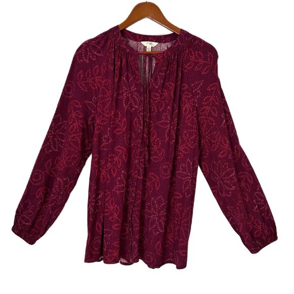 Terra & Sky Blouse Women 1X Burgundy Floral Smocking ButtonUp Cottage Comfy Boho - Picture 1 of 14